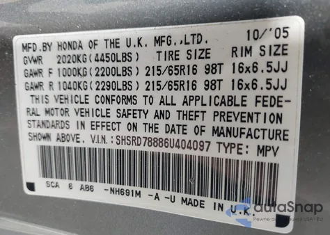 2006 Honda Cr-V Ex z USA, uszkodzony, nr VIN SHSRD78886U404097